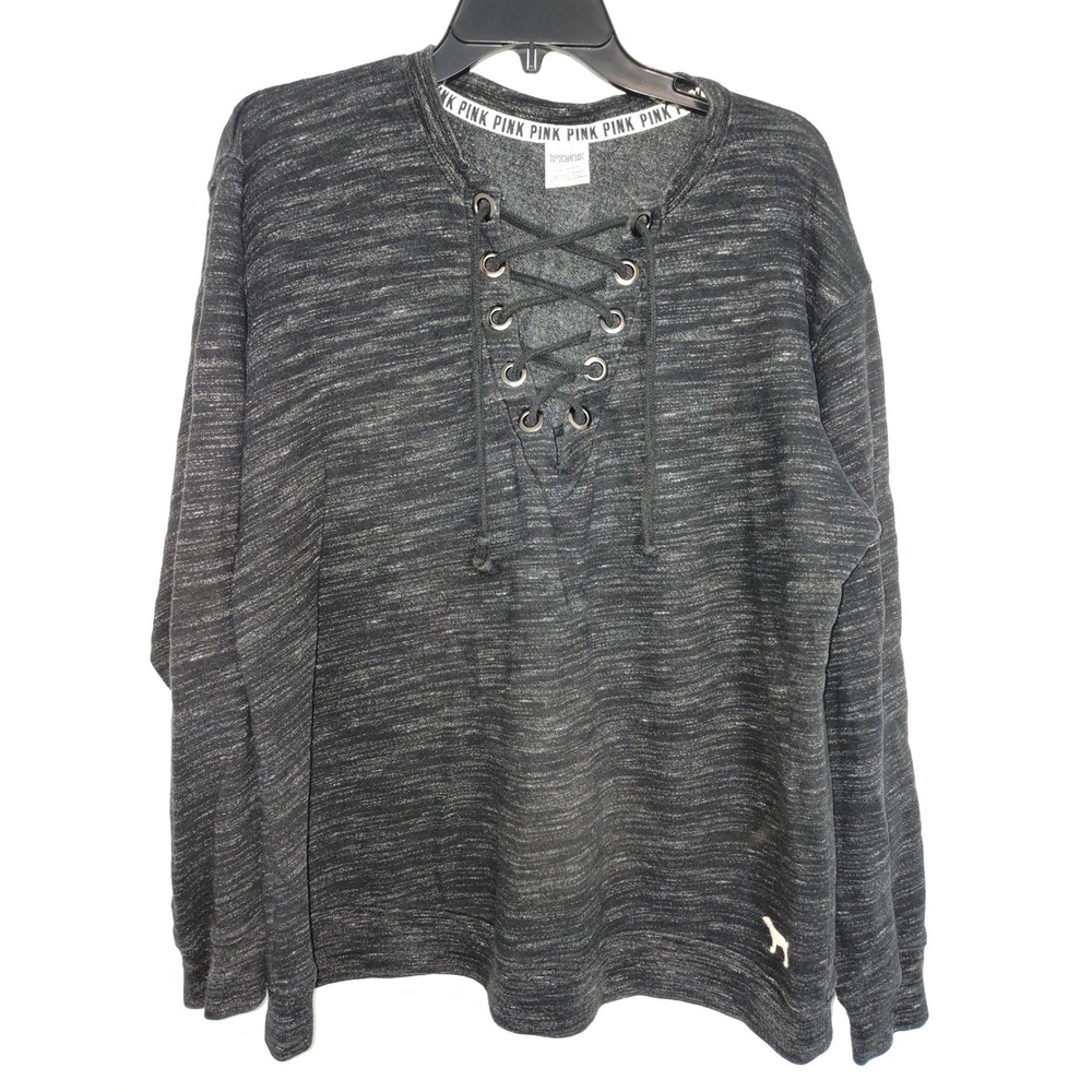 Pink Victoria's Secret Lace Up Sweatshirt Gray Space Dye Love Pink Graphic Large